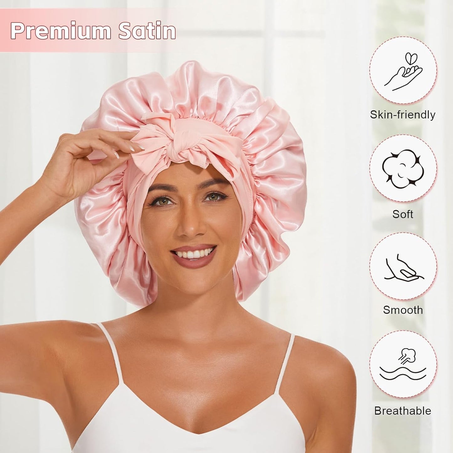 Satin Silk Bonnet for Sleeping Women, Extra Double Layer with Adjustable Tie Band, Silk Bonnet for Curly Hair Long Braid (Pink) Shower Cap