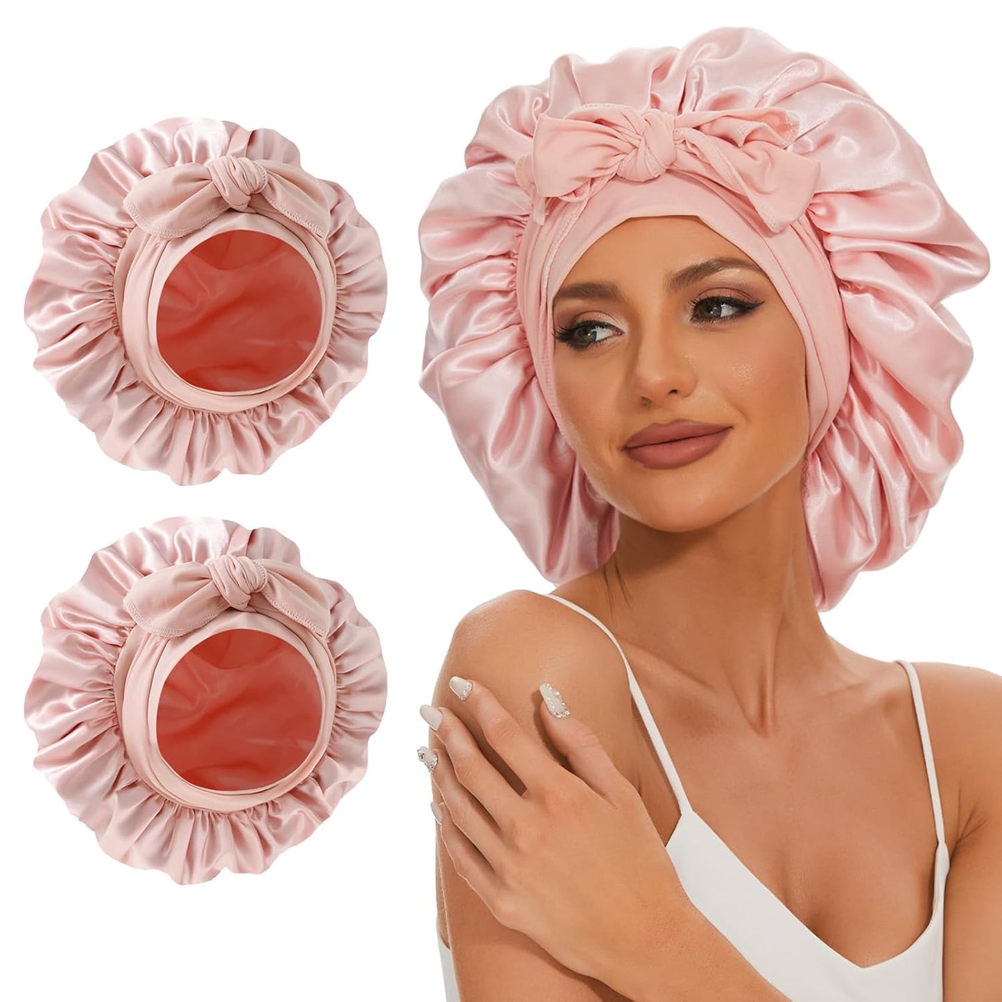 Satin Silk Bonnet for Sleeping Women, Extra Double Layer with Adjustable Tie Band, Silk Bonnet for Curly Hair Long Braid (Pink) Shower Cap