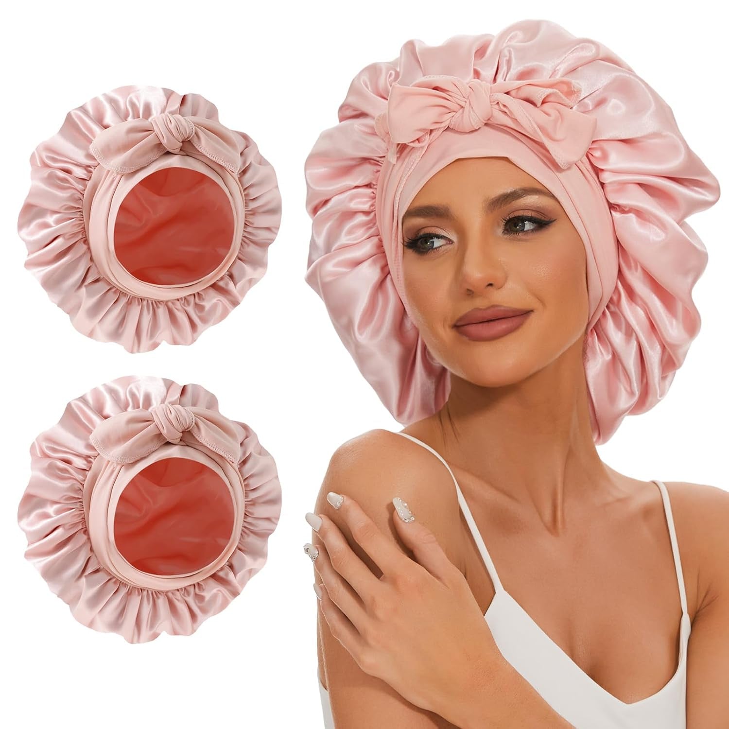 Satin Silk Bonnet for Sleeping Women, Extra Double Layer with Adjustable Tie Band, Silk Bonnet for Curly Hair Long Braid (Pink) Shower Cap