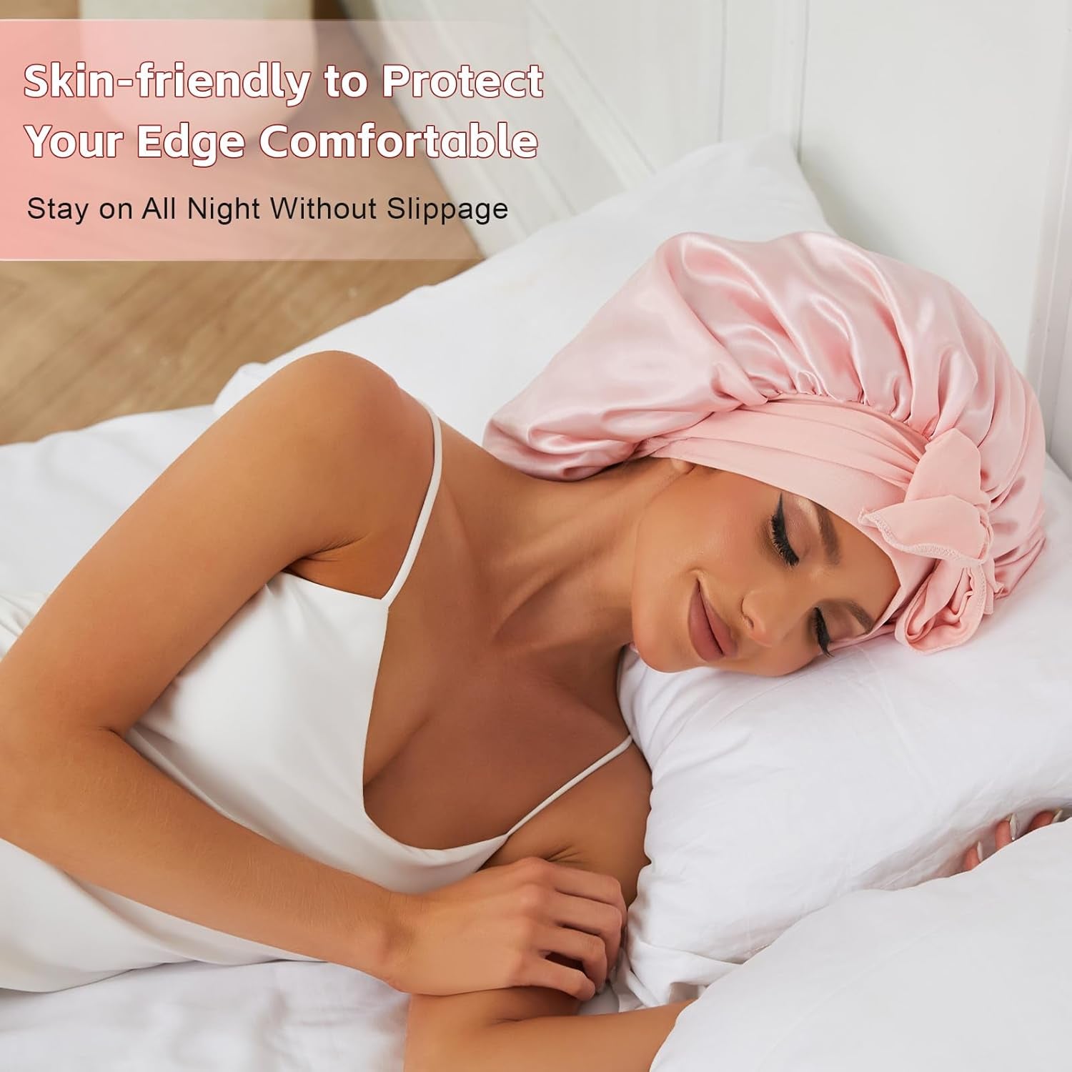 Satin Silk Bonnet for Sleeping Women, Extra Double Layer with Adjustable Tie Band, Silk Bonnet for Curly Hair Long Braid (Pink) Shower Cap