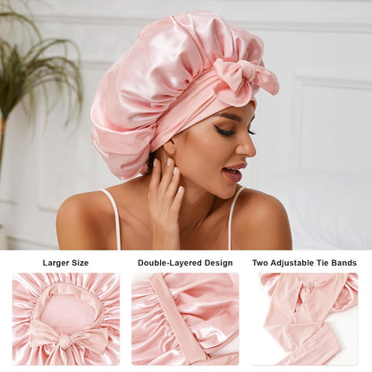 Satin Silk Bonnet for Sleeping Women, Extra Double Layer with Adjustable Tie Band, Silk Bonnet for Curly Hair Long Braid (Pink) Shower Cap